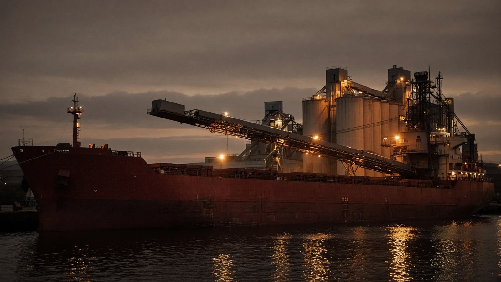 Bulk cargo vessel at a grain terminal at dusk