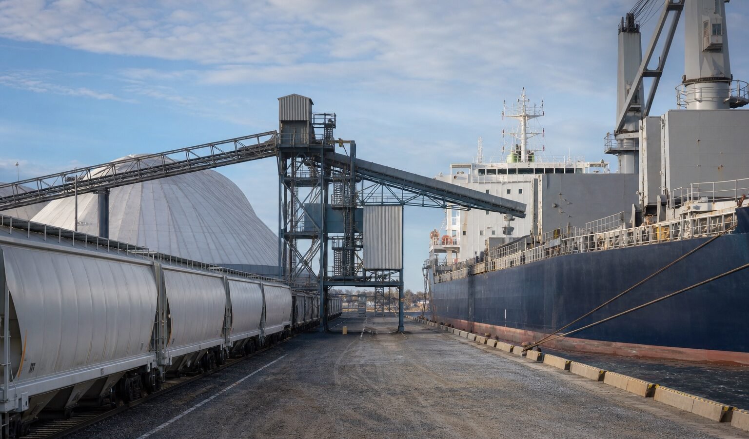 Bulk fertilizer export terminal with covered rail cars and a cargo vessel